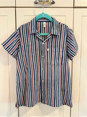Anokhi Striped Short-Sleeve Shirt in Blue/Green/White/Pink Batik | Kids 4-5